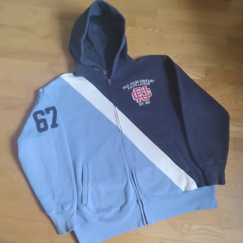 Ralph Lauren Polo Jeans Co.  67 Rugby Logo Spellout Ringer Hoodie Distressed 90s